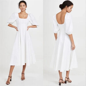 Staud White Linen Midi Dress Puff Sleeves Size 6